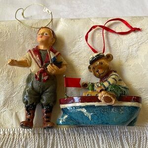 Hand crafted Victorian summer Sea side play Boy & Bear with boat ornaments set